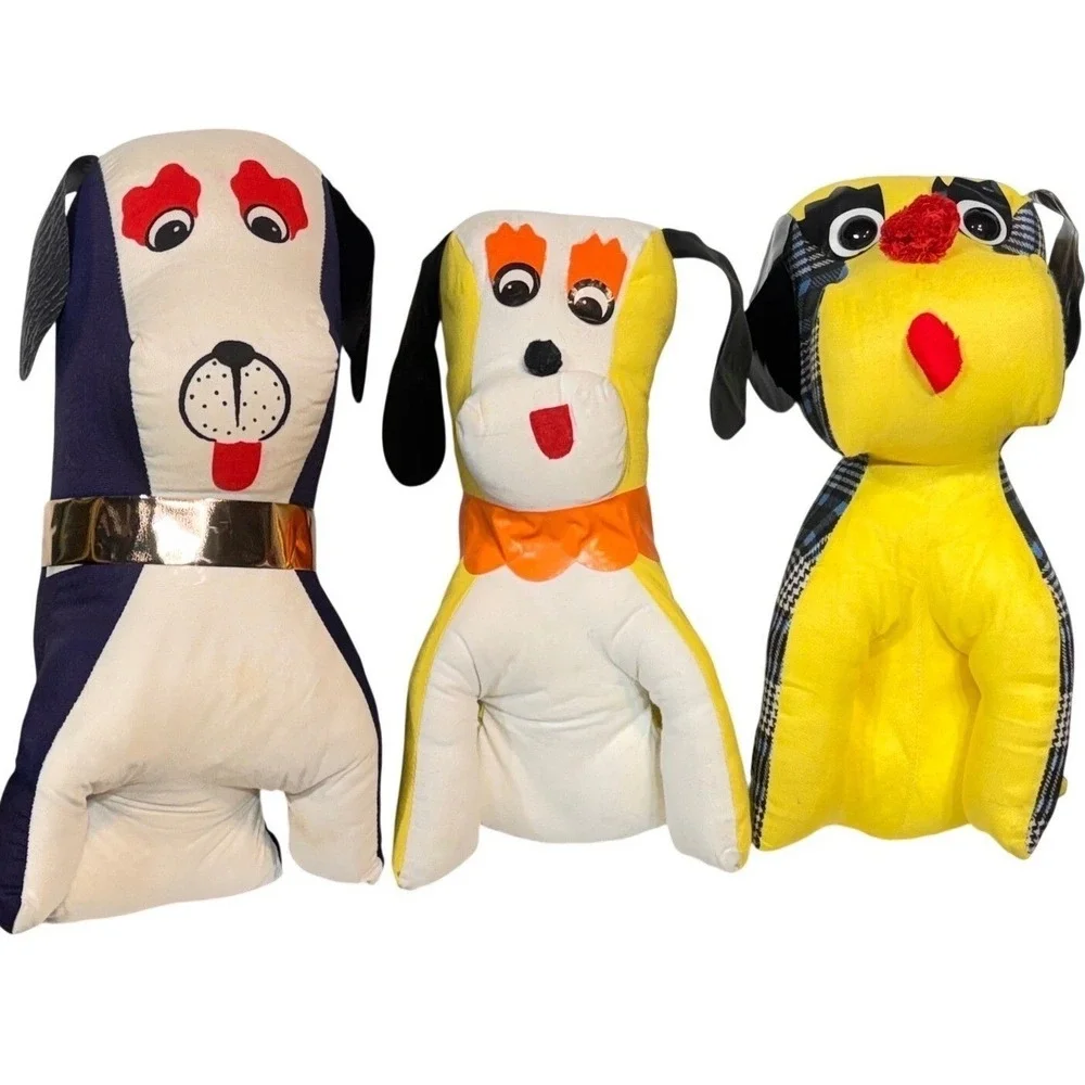 Vintage Carnival Prize Plush Dog Lot 3pc Kitsch Retro Stuffed Animal Yellow Blue